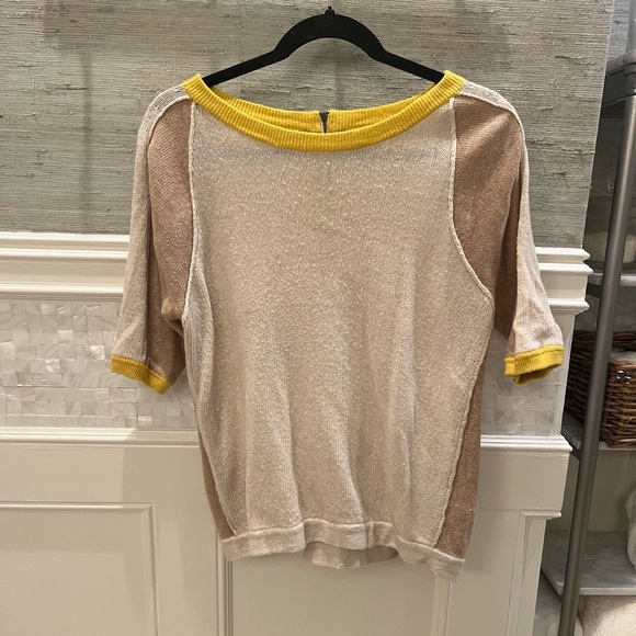 Anthropologie field flower short sleeve sweater beige tan yellow medium zip back - Picture 6 of 12